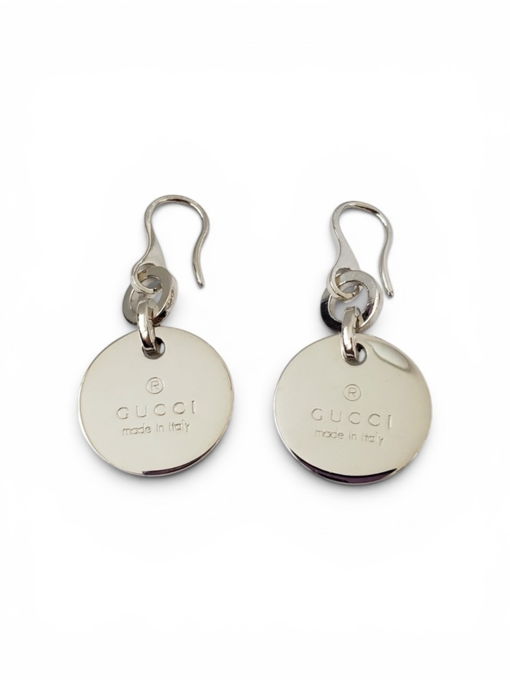 Vintage Gucci Trademark Round Tag Sterling Silver Dangle Drop Earrings
